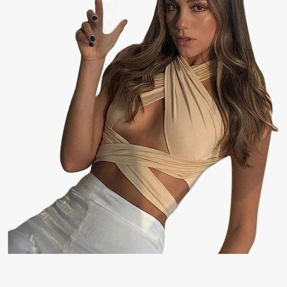 Tops - 5 For $20 Sale! 🎁 Beige Tan or Nude Criss Cross Bustier Cami Tie Halter Top
